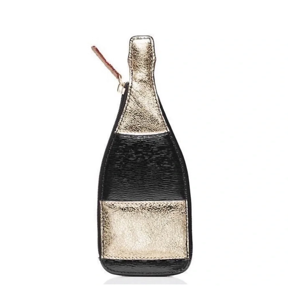 Kate Spade New York Pop Fizz Clink! Champagne Bottle Coin Purse Gold Black NWOT